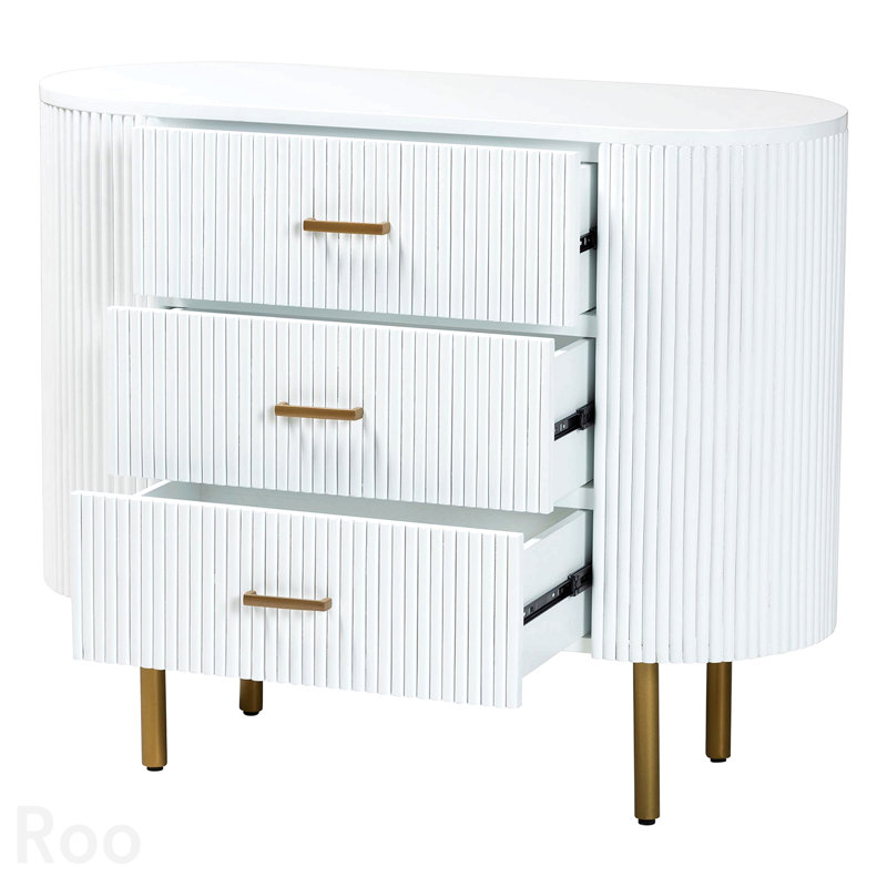 Commode à trois tiroirs de style Mid-Century en bois cannelé blanc et métal doré - Finition blanche