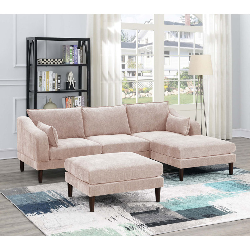 Ensemble modulaire contemporain 5 pièces modulaires à une chaise avec accoudoirs Ottomans, Tissu rose
