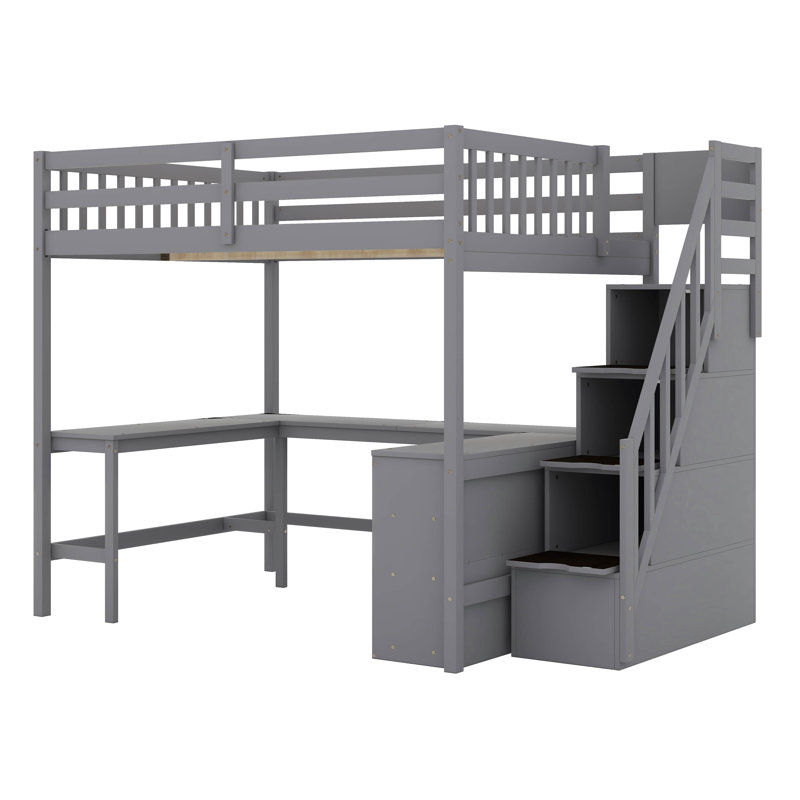 Lit mezzanine double avec bureau en L et escalier de rangement, Gris