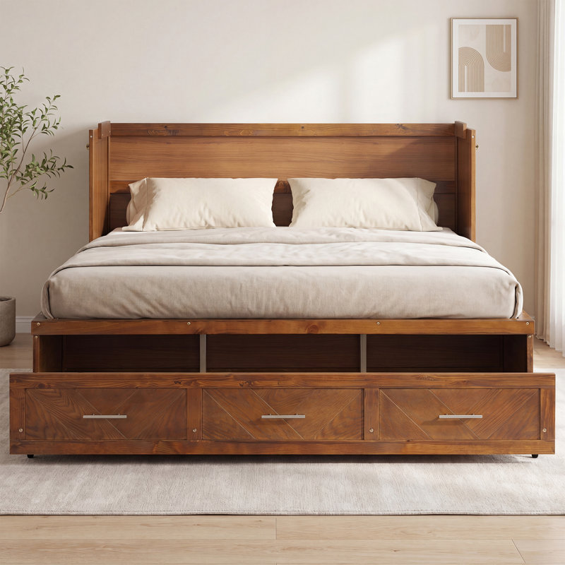 Grand lit escamotable Farmhouse avec station de charge et tiroir de rangement, Walnut
