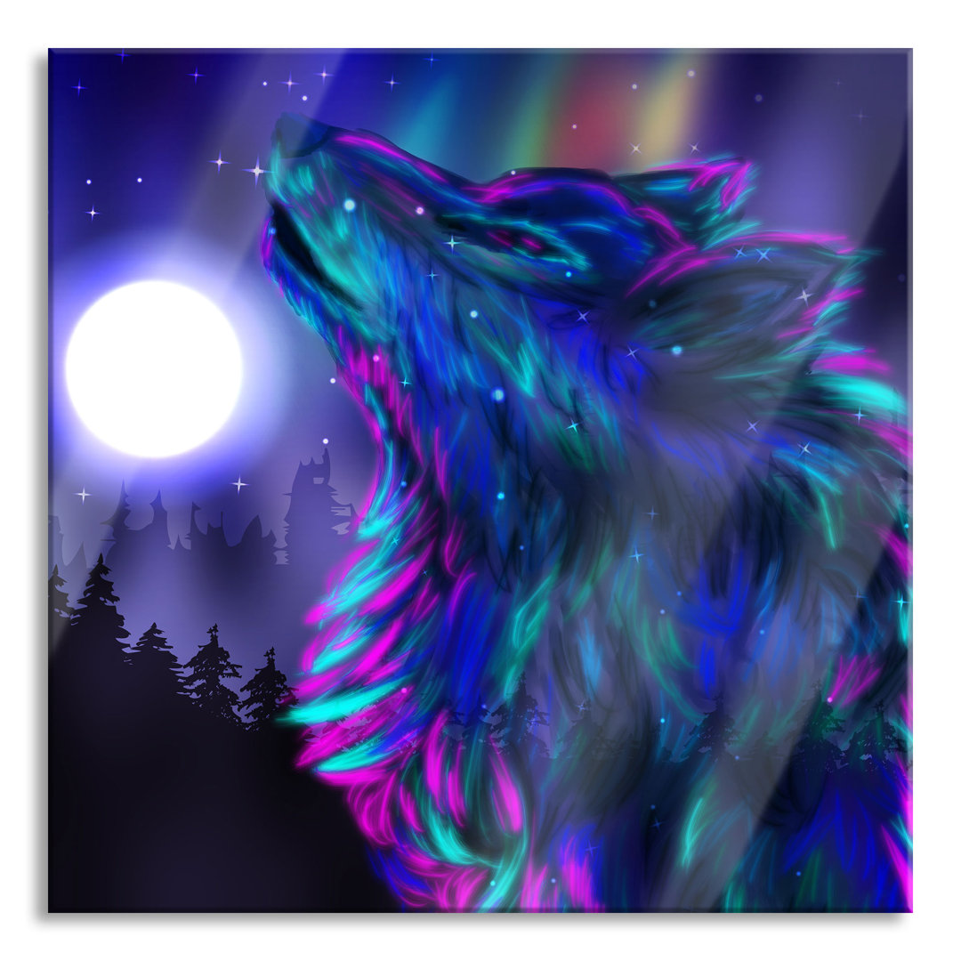 Glasbild Abstrakter Wolf mit Mond