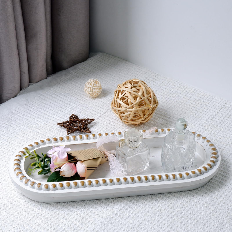 Wood Serving Tray, Wooden Bead Decorative Tray, White
