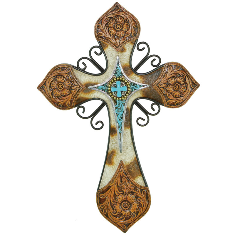 Polyresin Tooled Leather and Cow Hide with Turquoise Accent Hanging Wall Cross Décor