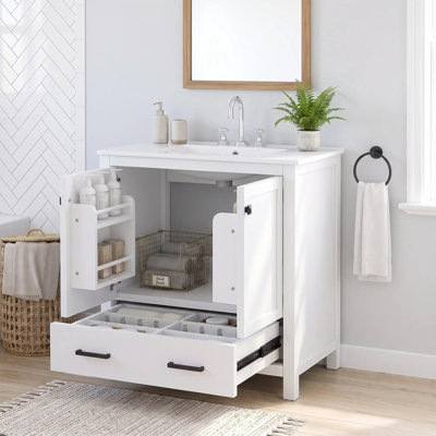 Meuble-lavabo autoportant 18 po en bois massif et panneau de fibres à densité moyenne standard, noir, avec lavabo en céramique, tiroirs à fermeture en douceur, organisateur de porte, tiroir séparateur et patins réglables en plastique, robinet non in
