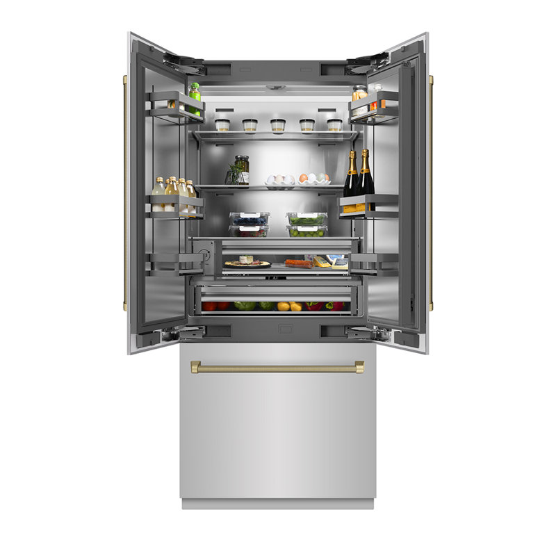 ZLINE Autograph 36 in. French Door Refrigerator with Stainless Interior and Nickel Helix Handles, Champagne Bronze