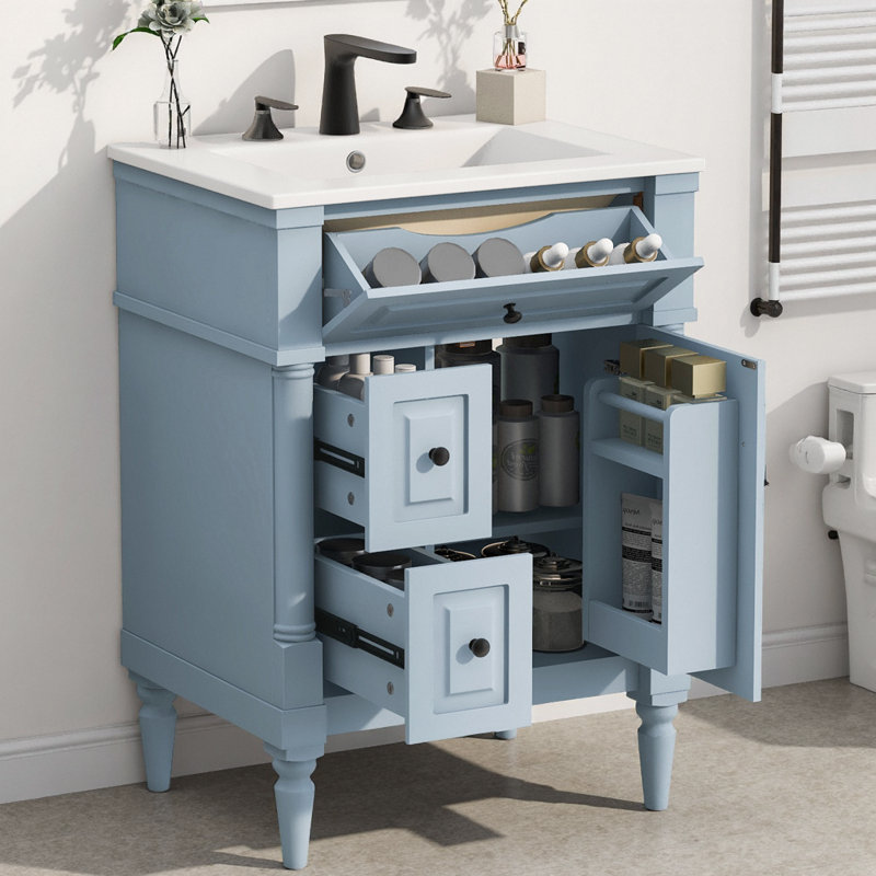Meuble-lavabo moderne 24 po pour petits espaces, armoire bleue avec tiroir rabattable et tablette réglable, meuble-lavabo autoportant en bois massif avec lavabo