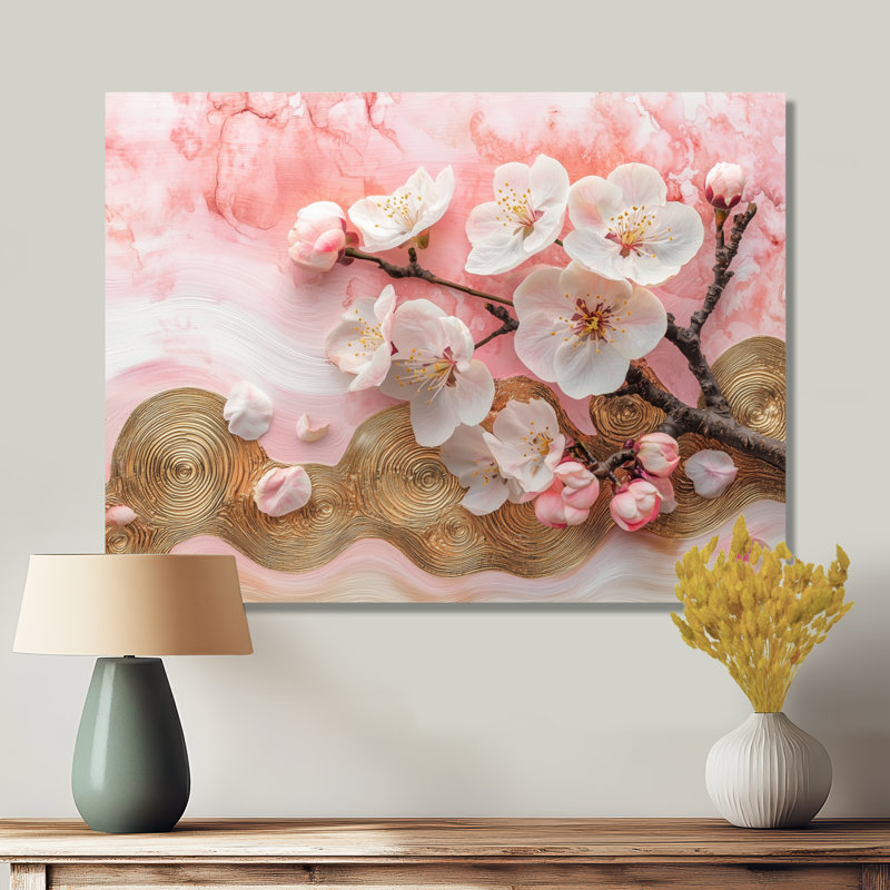 Fleur de pommier Cusick sur un sommet d'une rivière rose et blanche à l'encre I - Art mural Apple Blossom, Ne s'applique pas