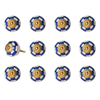 Set of Twelve Blue White And Gold Geometric Ceramic Drawer Pull Knobs