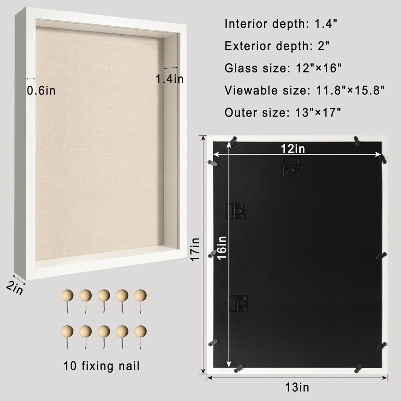Boîte-cadre en bois blanc 12 x 16 avec verre trempé et fond en lin, présentoir mural