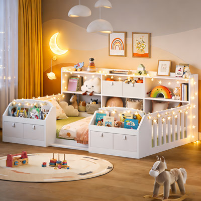 Montessori Floor Bed with Bookcase & Guardrails Storage Kids Grounded Bed, Mother & Child Low-Profile Bed