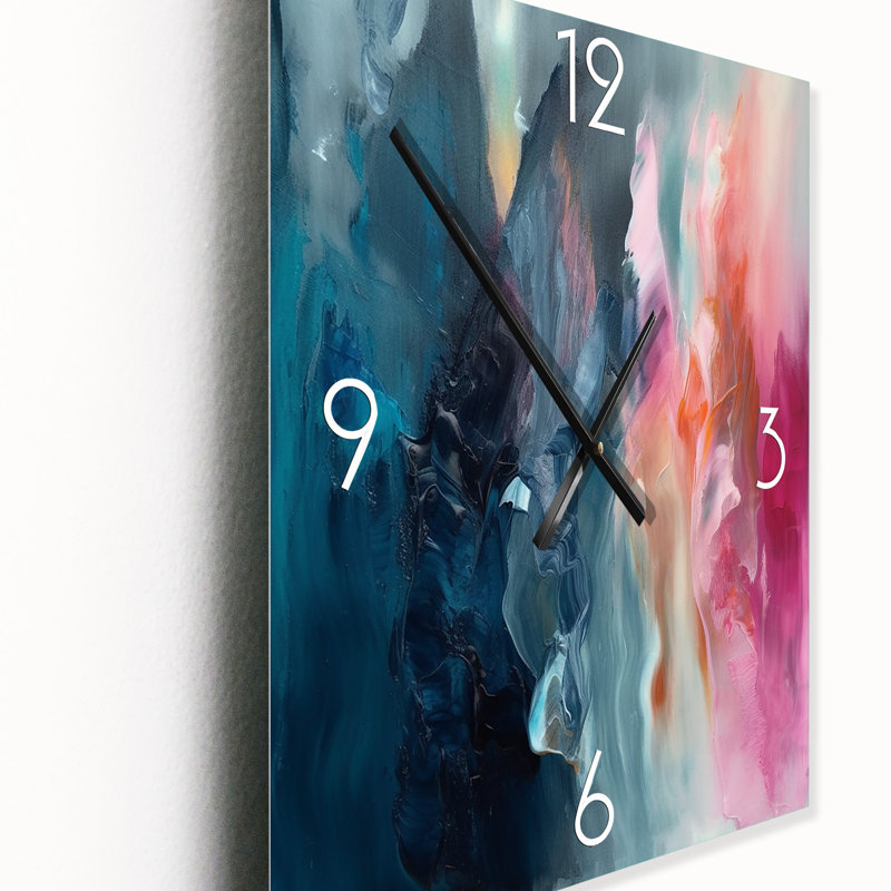 Spatule bleue et rose abstraite - horloge murale abstraite surdimensionnée, H 32 po x l 24 po x P 1 po