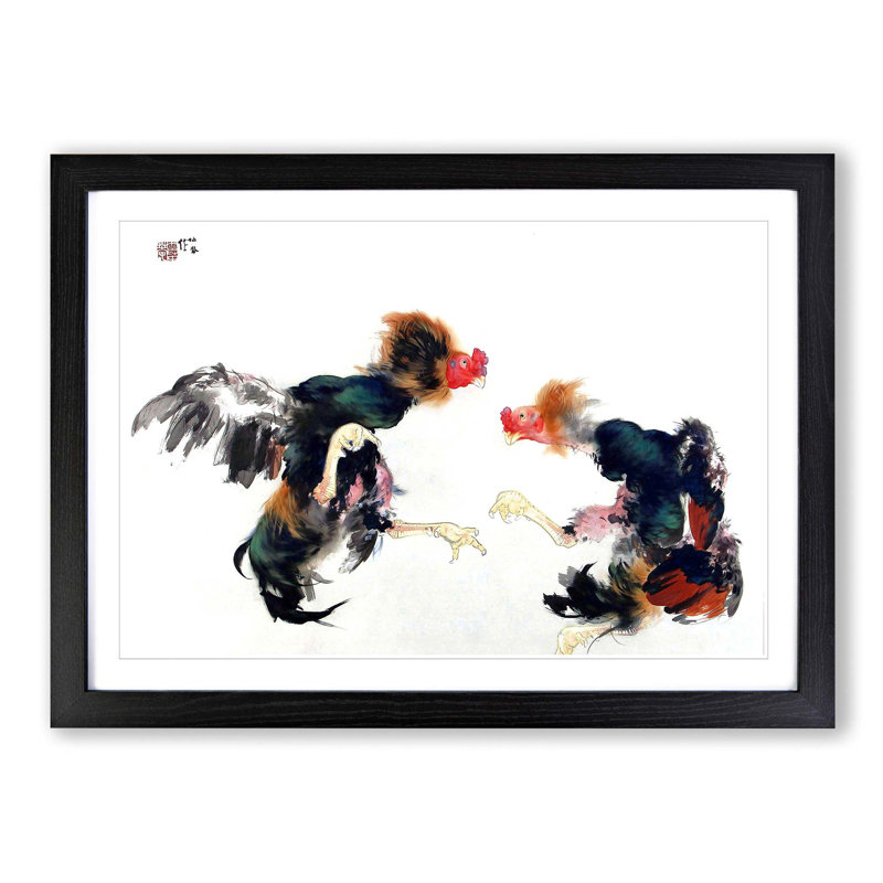 Fighting Cocks by Takeuchi Seiho - Picture Frame Art Print, 27cm H x 36cm W x 2cm D, Black Framed