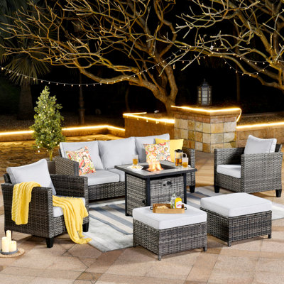 Allcot 5 - Person Wicker/Rattan Patio Furniture Set, Outdoor Fire Pit Sofa Set with Throw Pillows and Comfy Cushions