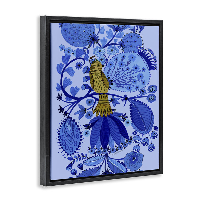 Folk Inspired Whimsical Bird Floating Frame, design by Kay Widdowson, Black, 21" H x  17" W