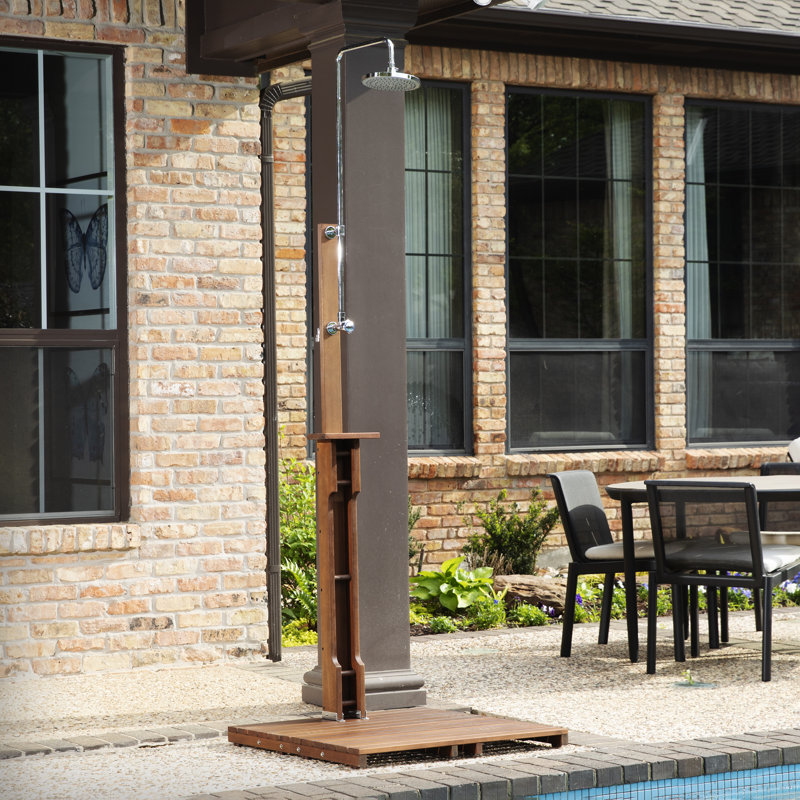Noah Stainless Steel Free Standing Outdoor Shower and Footwash Spout and Duckboard, Rich Brown