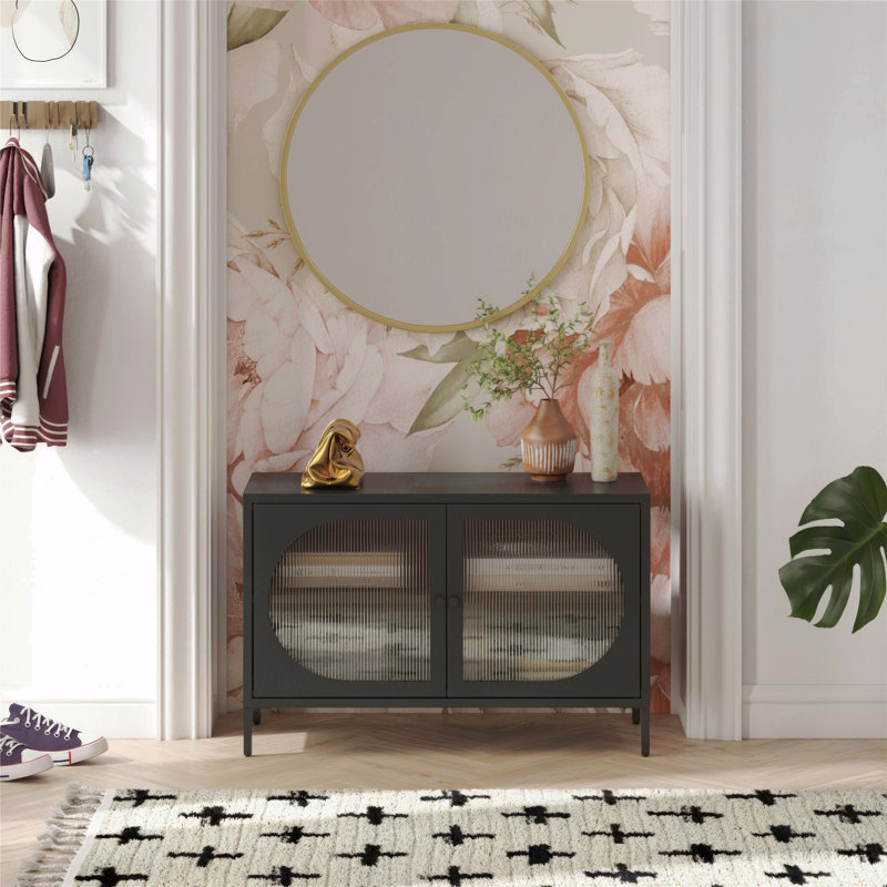 Large armoire d'appoint 2 portes avec verre cannelé, Noir, H 25,2 po x l 39,37 po x P 15,75 po