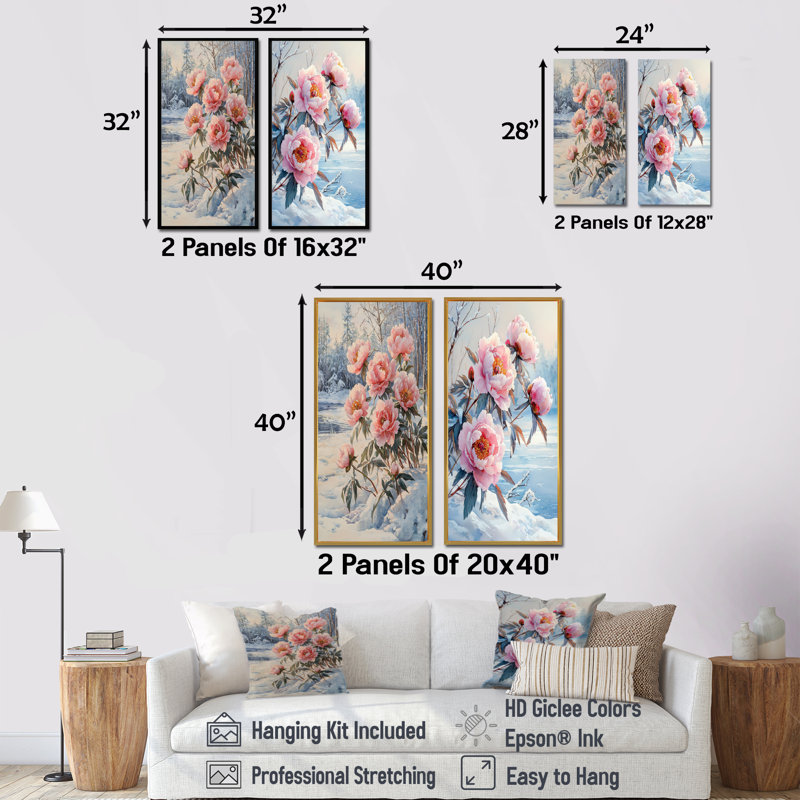 Pivoines près du lac gelé I - Collection d'art mural floral 2 pièces, H 28 po x l 25 po, Toile tendue