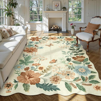 Tapis d'intérieur vintage à motif floral de Noël festonné, 90 x 150 cm, profil bas, imprimé botanique festif, antidérapant, lavable, pour salon, chambre, décoration saisonnière.