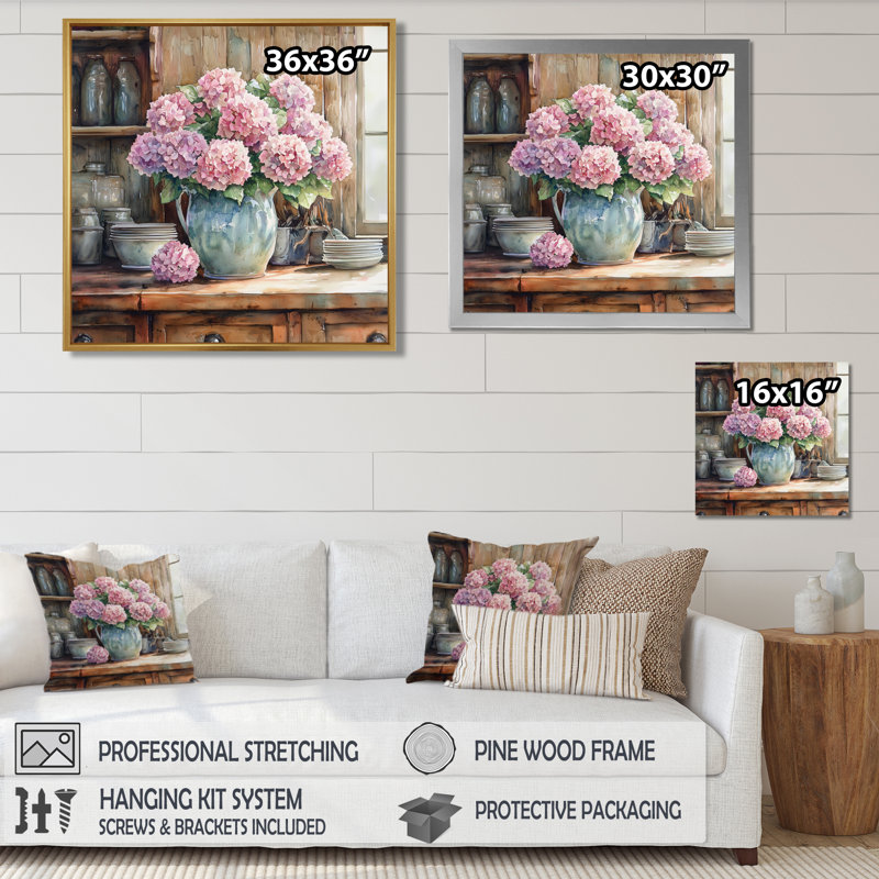 Hortensias à la ferme dans un vase en poterie II - art mural d'hortensias pour le salon, H 30 po x l 30 po