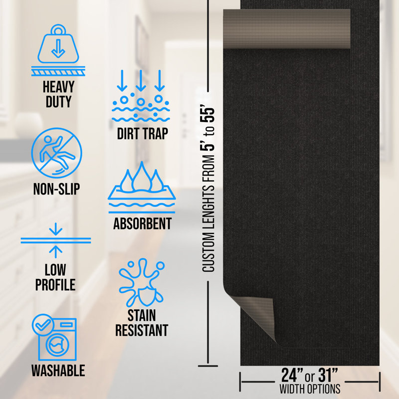 Extra-Long Custom-Length Non-Slip Runner Rug with Dirt-Trapping Grooves. Heavy-Duty, Absorbent, Stain-Resistant, and Washable. Perfect for Entryways, Hallways, and Offices, Black.