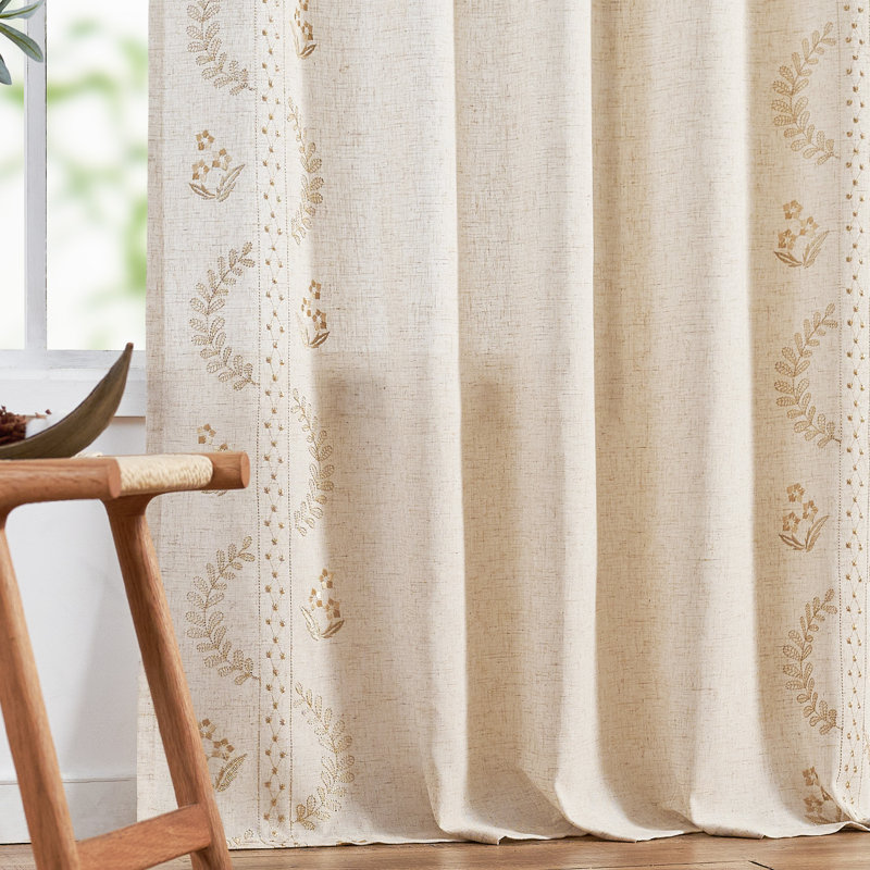 Linen Blend Embroidered Curtains Farmhouse Flower Patterned Curtains for Bedroom, Beige, 50" W x 84" L