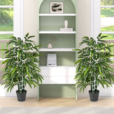 50'' Tall Artificial Potted Tree w/3 PE Bamboo Trunk Flush Leaves Realistic Soil