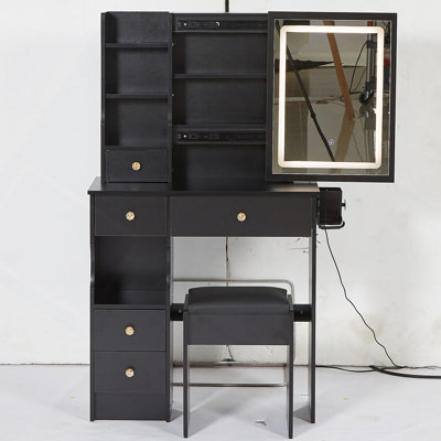 Petit meuble-lavabo de 29,2 po avec tiroir de gauche, tabouret rembourré, 2 blocs d'alimentation AC + 2 USB, support pour sèche-cheveux, très grand miroir à DEL coulissant à commande tactile, changement de luminosité tricolore, réglage de la luminosité