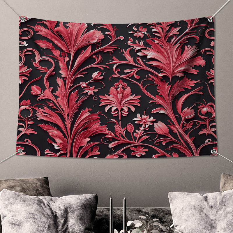 Tapisserie murale florale rouge complexe - décoration murale florale, 50in H x60in W with 4 Grommets