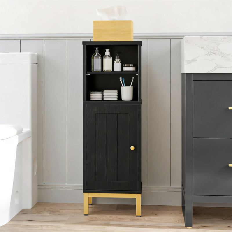 Corner Bathroom Cabinet With Custom Door Direction And Adjustable Shelves, Black/Gold