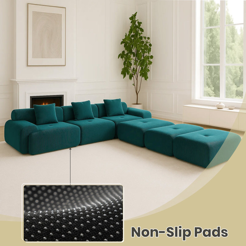 Boneless Corduroy Modern Compressed Block Sectional Couch, Green Corduroy