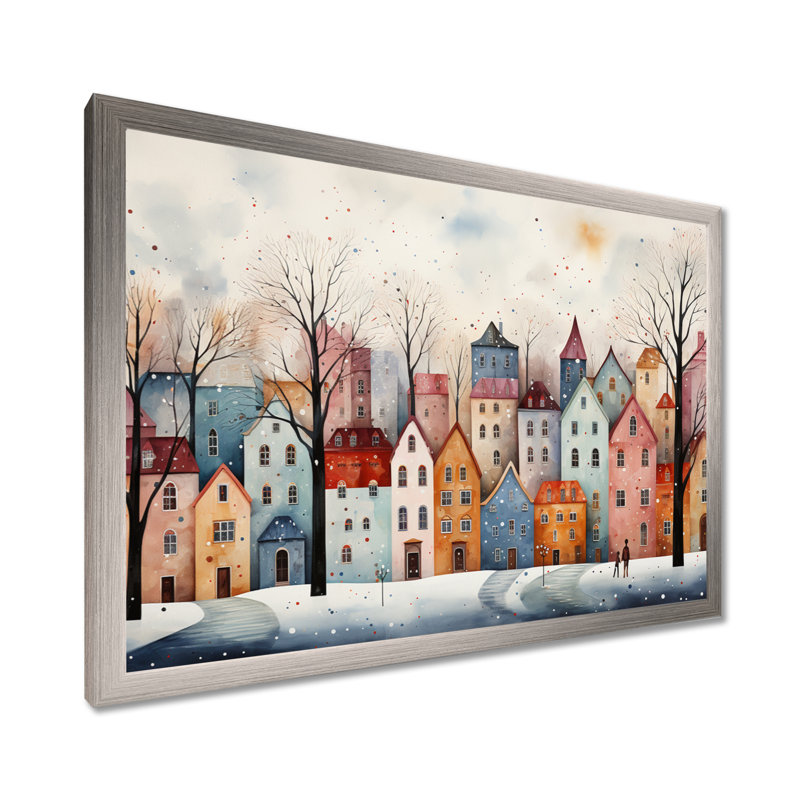 Multicolor Frosty City In Winter III - Art mural paysage d'hiver, Cadre de coin argenté fermé, H 12 po x l 20 po x P 1 po