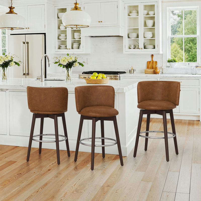 26'' Swivel Bar Stool - Leather, Brown Faux Leather Seat/Dark Brown Frame