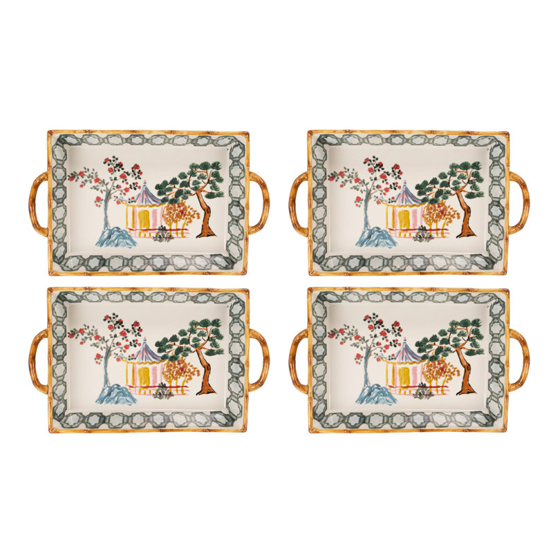 Boulanger rectangulaire en grès peint à la main avec motif maison et arbres