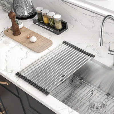 KBFmore 19 Inch Heatproof Stainless Steel Roll Up Dish Drying Rack, Collapsible and Silicone Wrapped