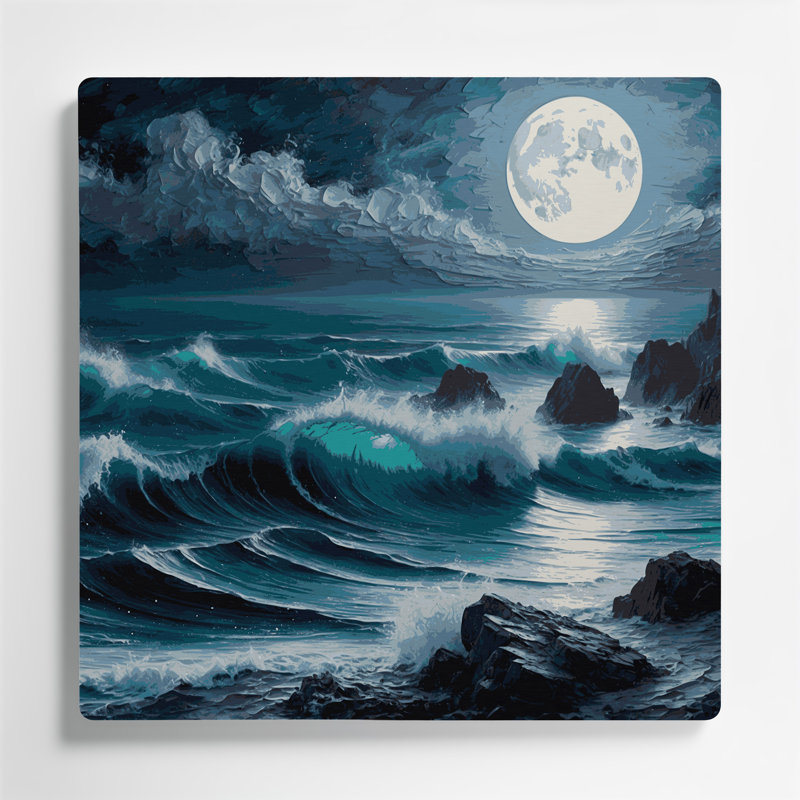 Coastal Moonlit Coast, art mural gris en métal, H 12 po x l 12 po
