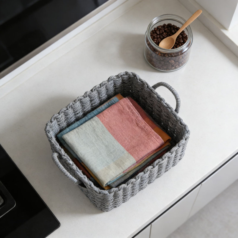Handwoven Storage Baskets Set Of 3, Eco-Friendly Recycled Paper Rope Organizer Bins With Vegan Leather Trim For Shelves, Bathroom, Desk, And Home Decor