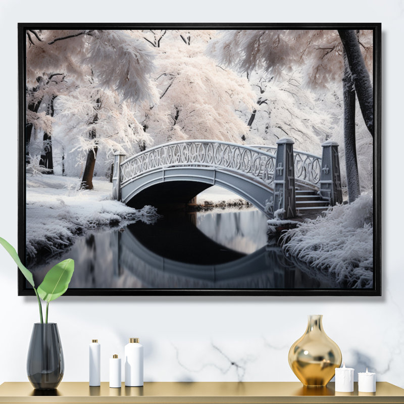 Pont blanc en hiver II - reproduction sur toile, Cadre flottant noir, H 34 po x l 44 po x P 1,5 po