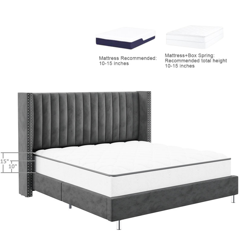 Lit plateforme tapissier à profil bas Addesyn, Grand, Gris foncé
