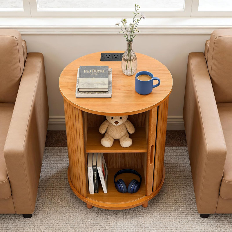 Table de bout cannelée ronde de 23,6 po avec station de charge et rangement pour porte coulissante, Yellow Walnut, 1