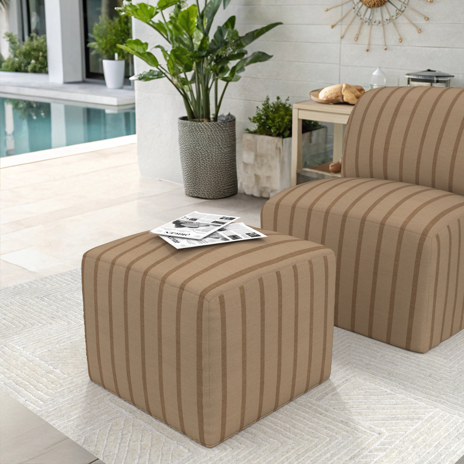 Praia Sunbrella® Outdoor Ottoman, 18" H x 22" W x 22" D, Unwind Driftwood Striped Sunbrella®