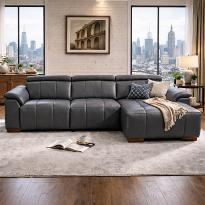 113" L-Shaped Reclining Sofa Couch With Chaise, Modern Genuine Leather Sectional,Electric Control Sofa Couch With Headrest & Footrest
