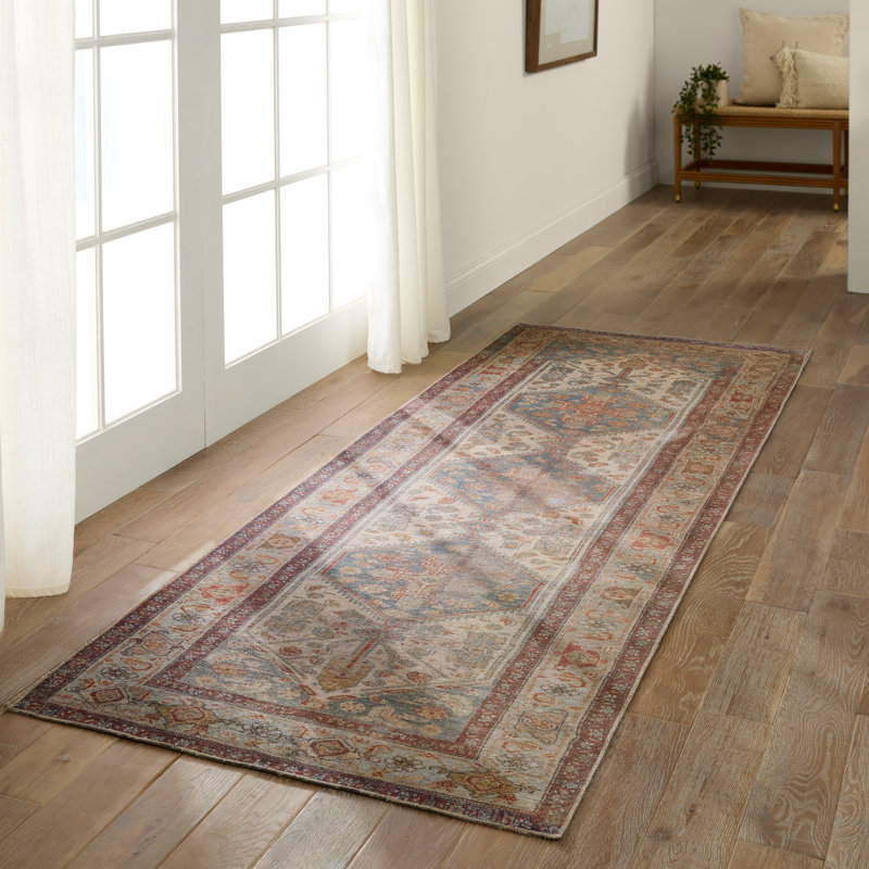 Machine Washable Oriental Machine Woven Polyester Area Rug in Cream/Blue/Red, Runner 2' x 6'