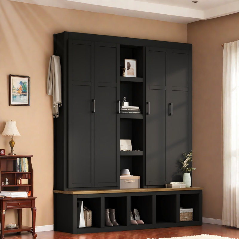 Farmhouse 4-in-1 Hall Tree With Hanging Hooks, Open Compartments, Wood-grain Bench And Shoe Cabinets, Black