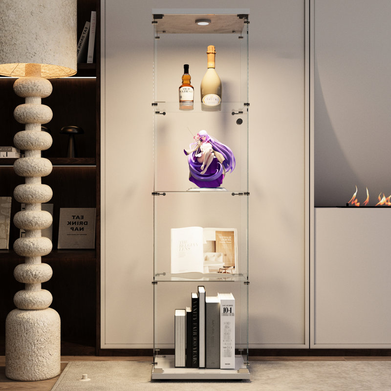 Armoire de rangement sur pied en verre blanc - Présentoir à 4 tablettes pour bureau 64,7 po x 16,7 po x 14,3 po