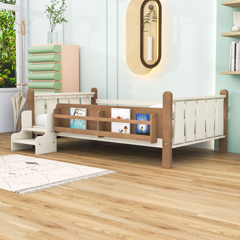 Lit en bois avec bibliothèques de rangement, Beige, Lit simple