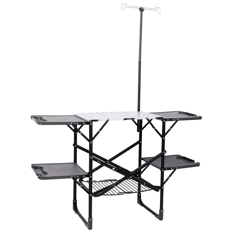 Folding Camping Kitchen Table - Portable Outdoor Cooking Station with Heat Resistant Top, 4 Side Tables, Storage Rack & Lamp Post for Picnics & Camping Trips