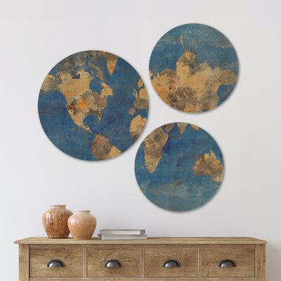 Designart 'Golden Blue World Map' Glam Wood Wall Art Set Of 3 Circles -  East Urban Home, C5397AF3325049048DBA67BF34EBD619