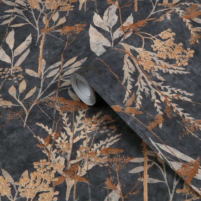 Superfresco Easy Solstice Floral 10m x 52cm Matte Wallpaper Roll, Black