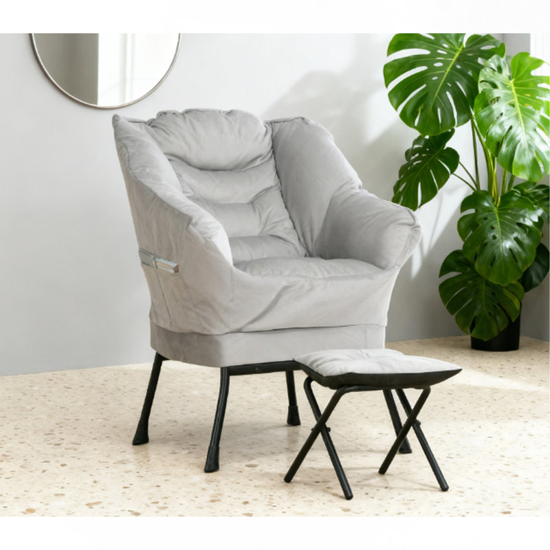 Chaise Lazy, fauteuil d'appoint rembourré en tissu avec poches latérales, gris clair
