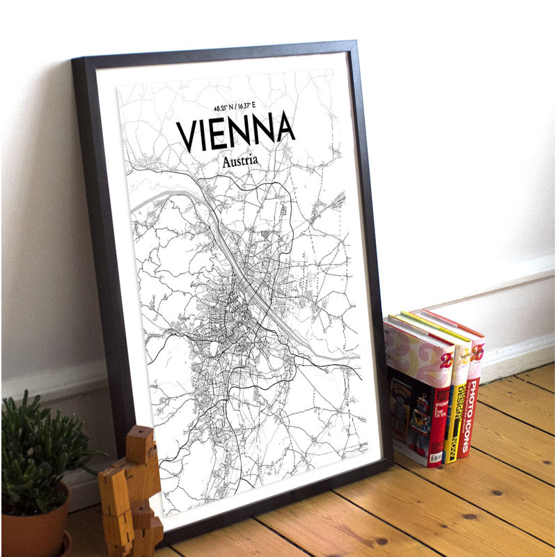 « vienne city map », reproduction d’impression sur affiche en tons, H 17 po x l 11 po x P 0,05 po